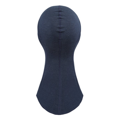 Balaclava with hinged face coverage, with an extra long drop front, in the colour dark navy.
