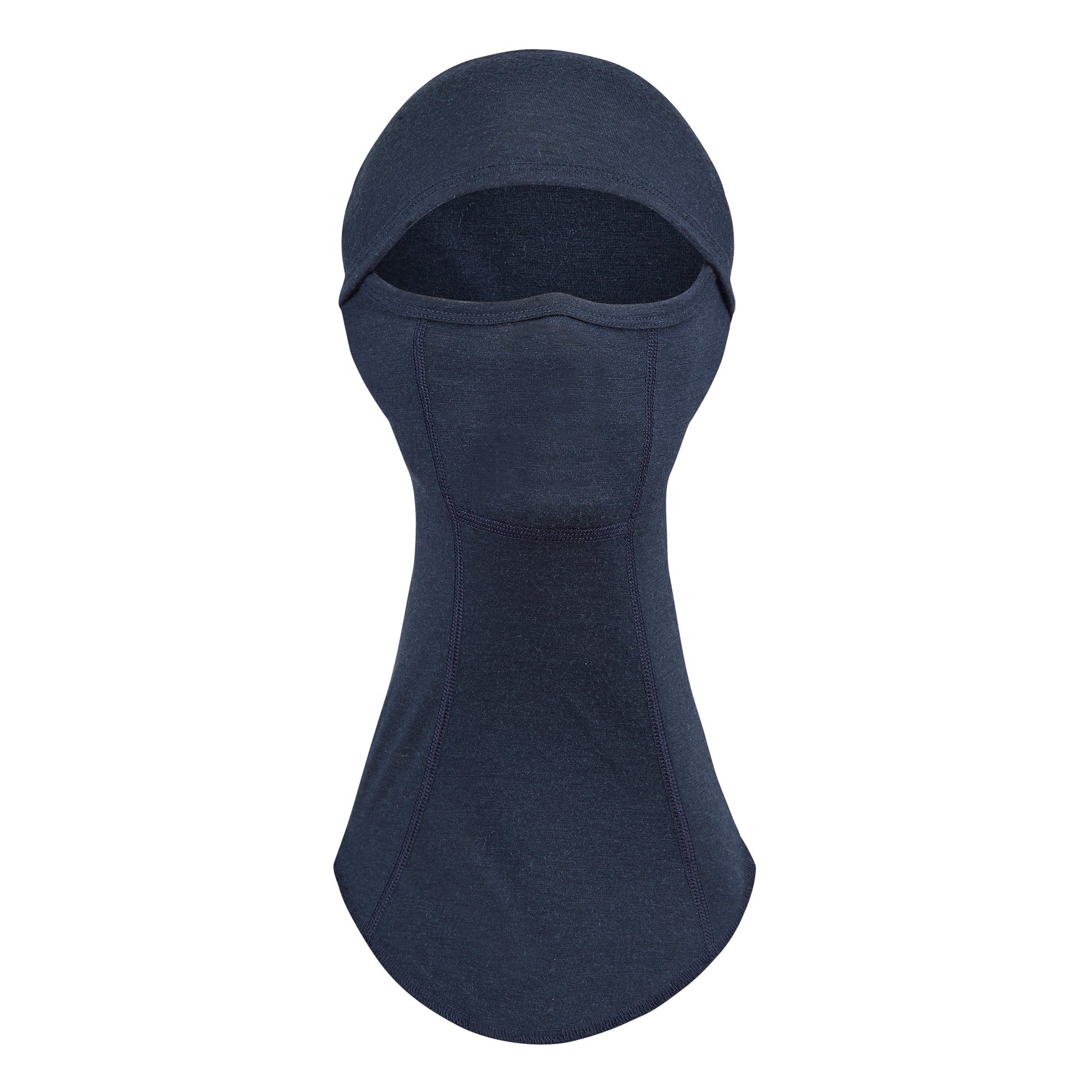 Balaclava with hinged face coverage, with an extra long drop front, in the colour dark navy.