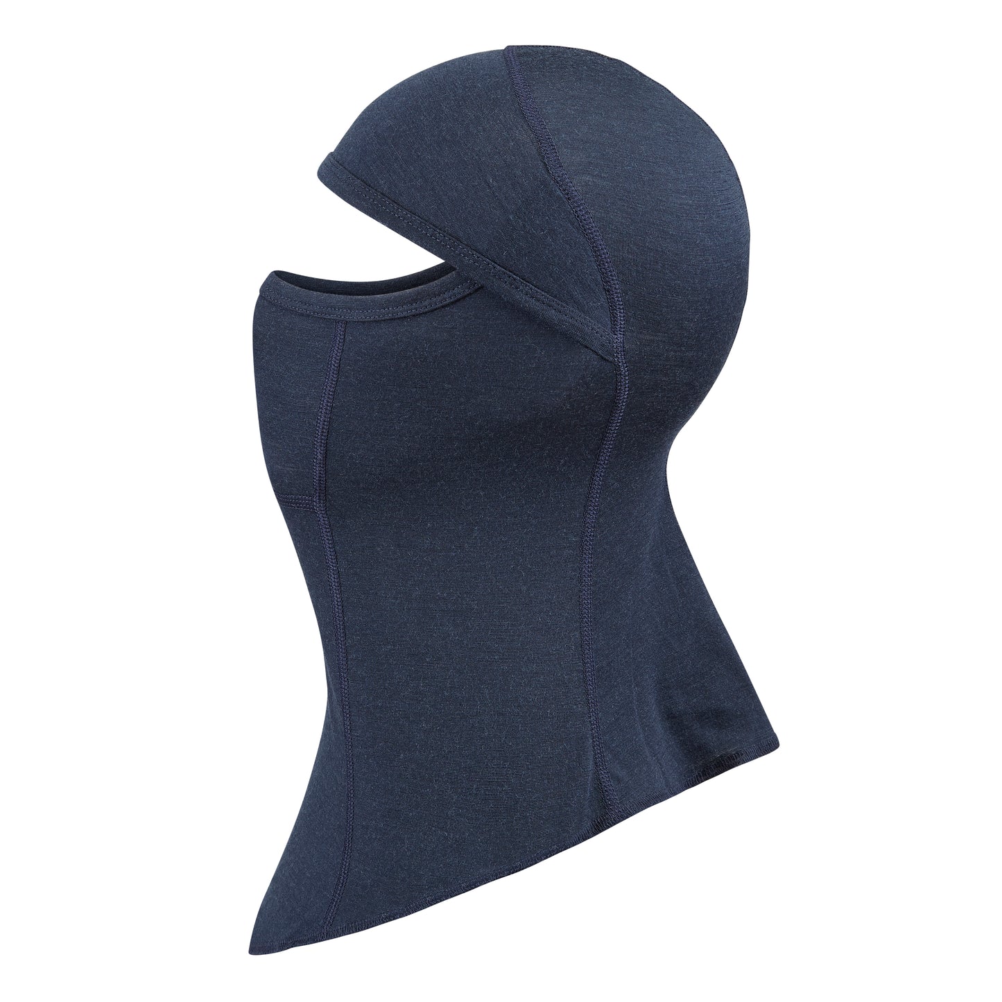 Balaclava with hinged face coverage, with an extra long drop front, in the colour dark navy.