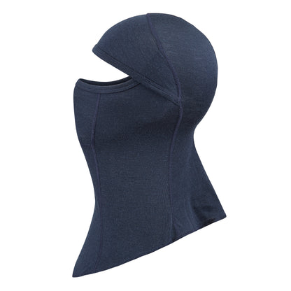 Balaclava with hinged face coverage, with an extra long drop front, in the colour dark navy.