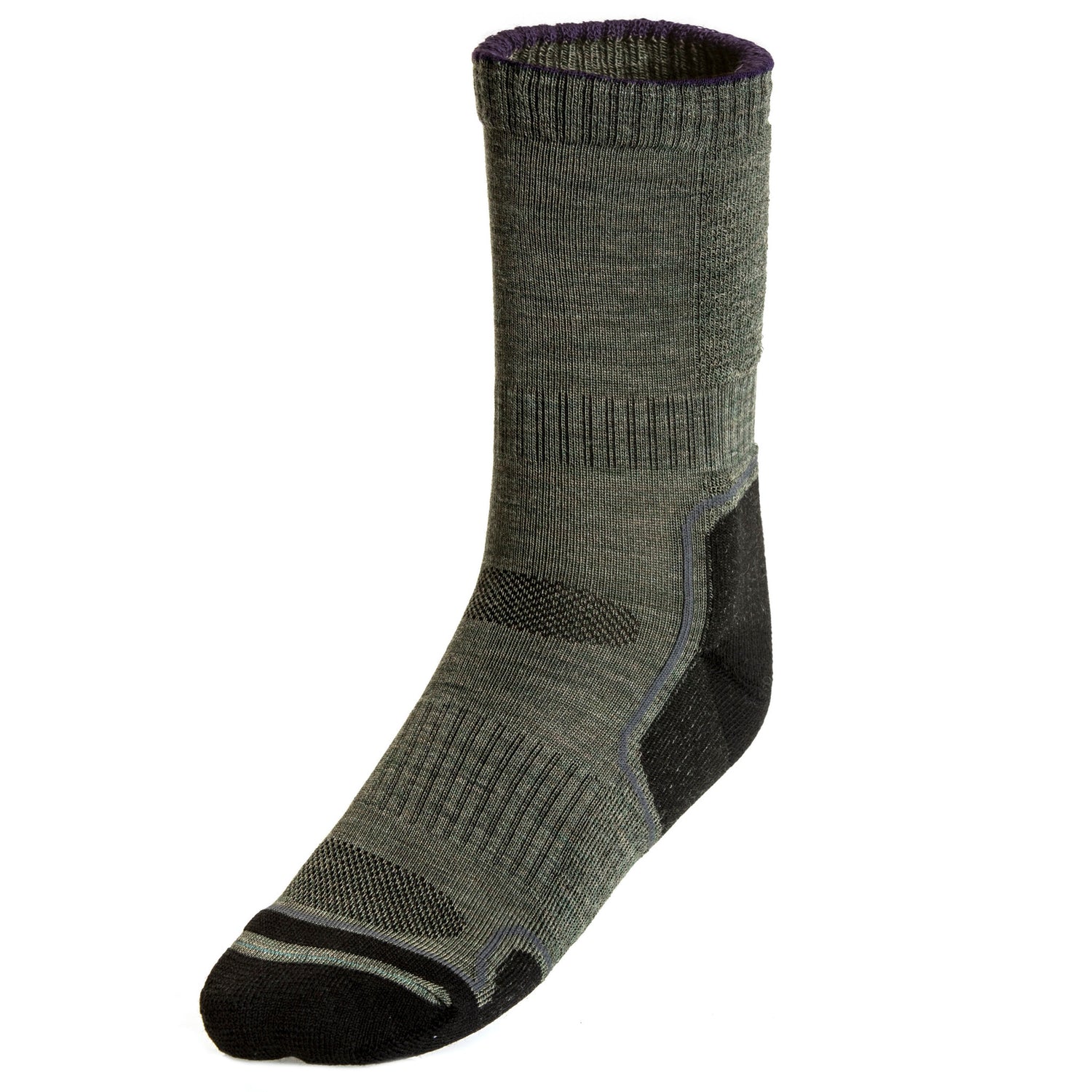 Light hiker crew socks with reinforced toe and heel, in the colour olive.