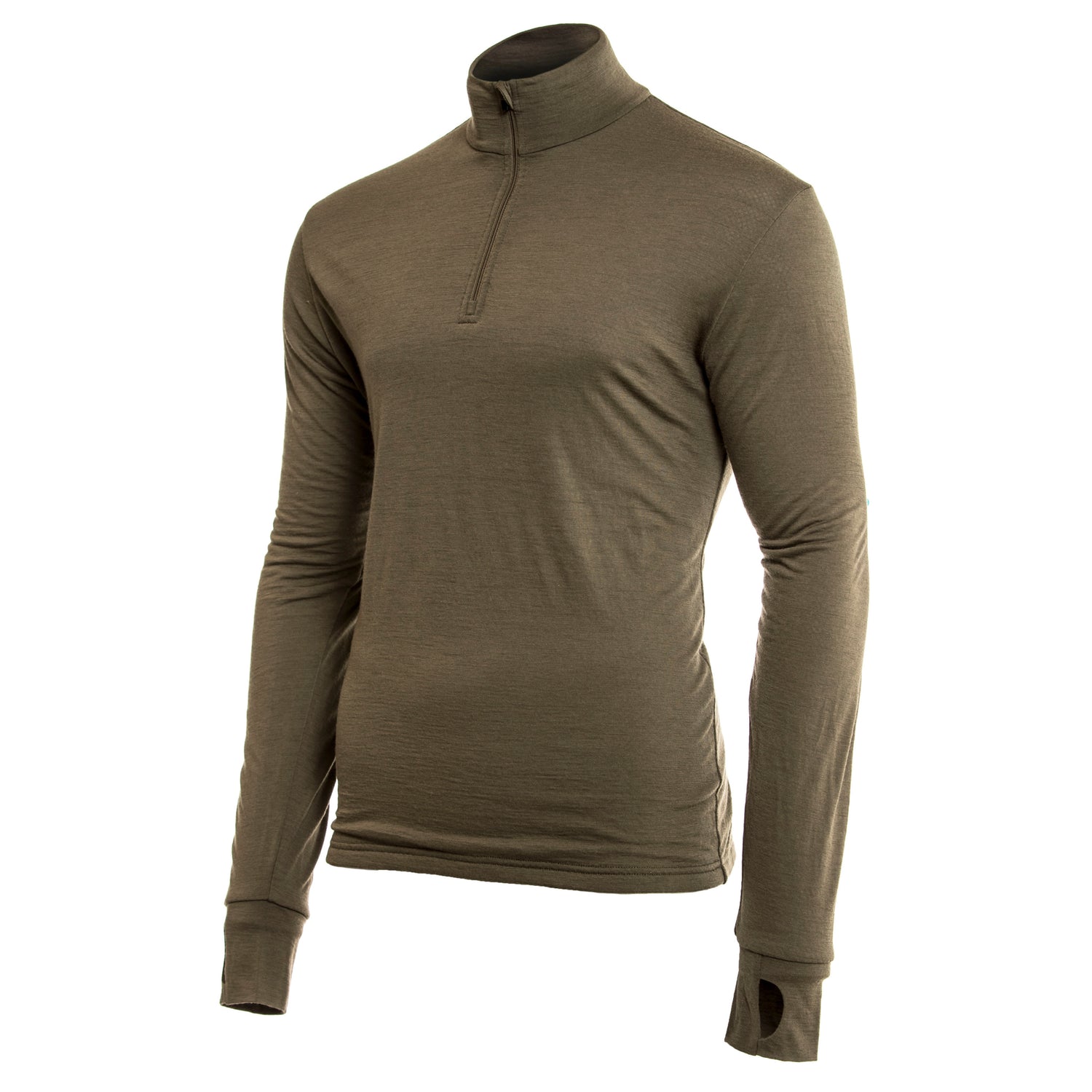 Merino long sleeve 1/4 zip top, in the colour light olive. 