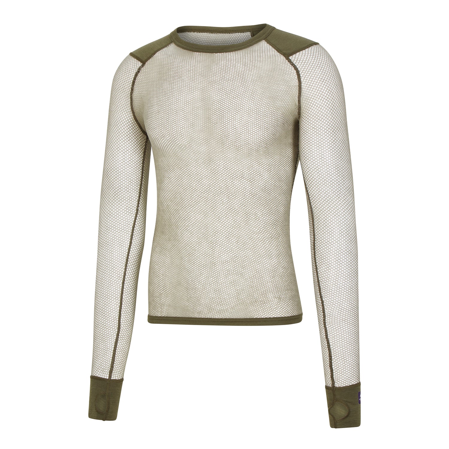 Long sleeve crew neck, mesh fabric, padded shoulders, in the colour light olive. 